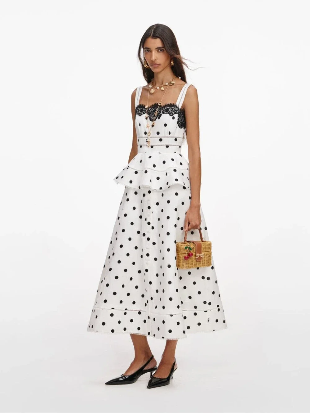 Self Portrait White Polka Dot Linen Midi Dress - Picture 2 of 16